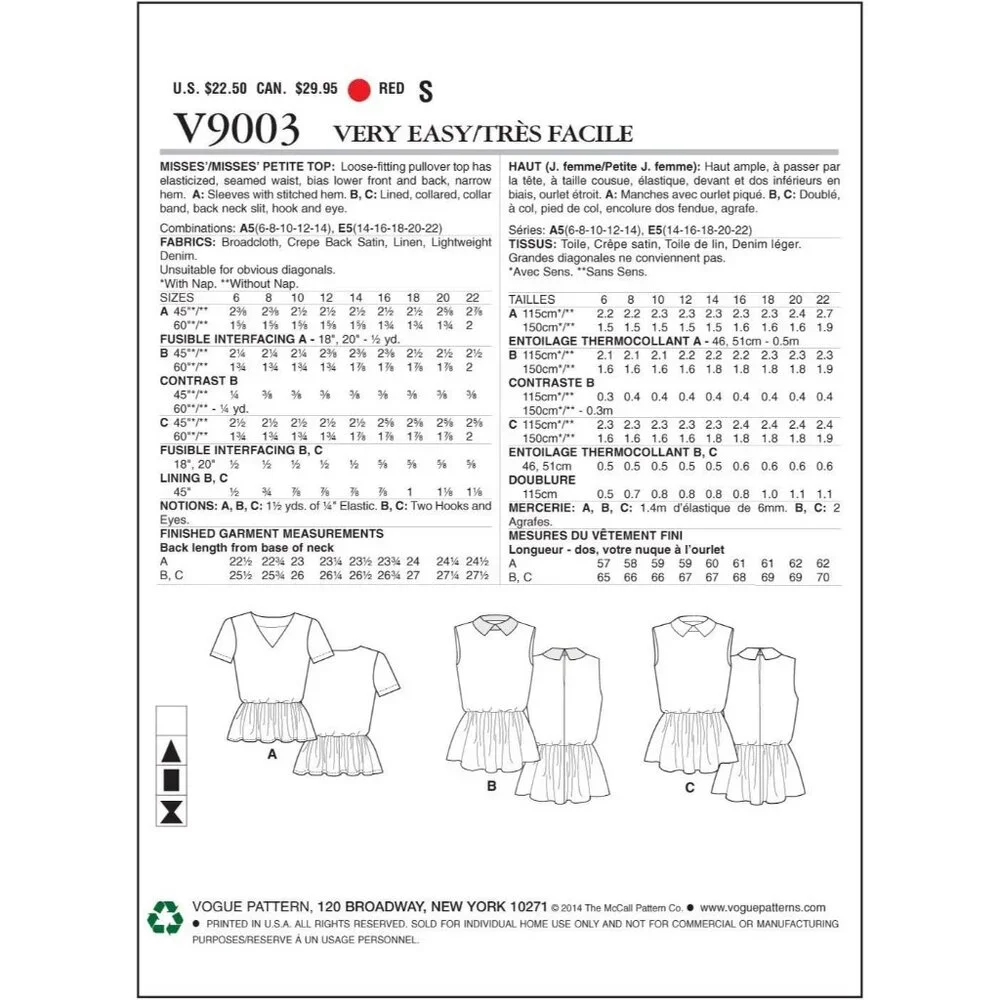 Vogue V9003 Sewing Pattern Womens Peplum Tops Size‎ 6-14